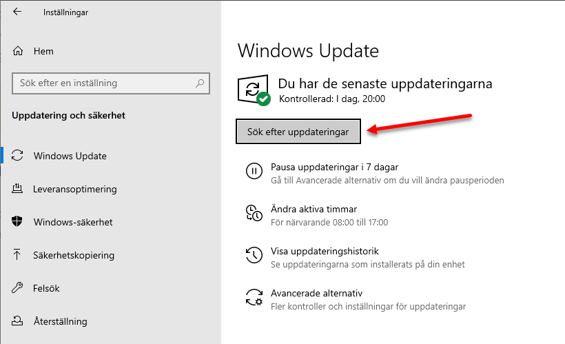 Uppdatera Windows 10 via Windows Update