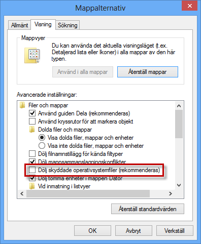 Visa systemfiler i Windows 8